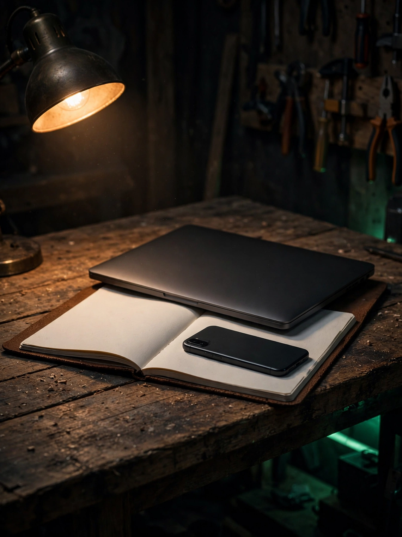 Starter Kit cover: laptop, phone and notebook on a workbench at night