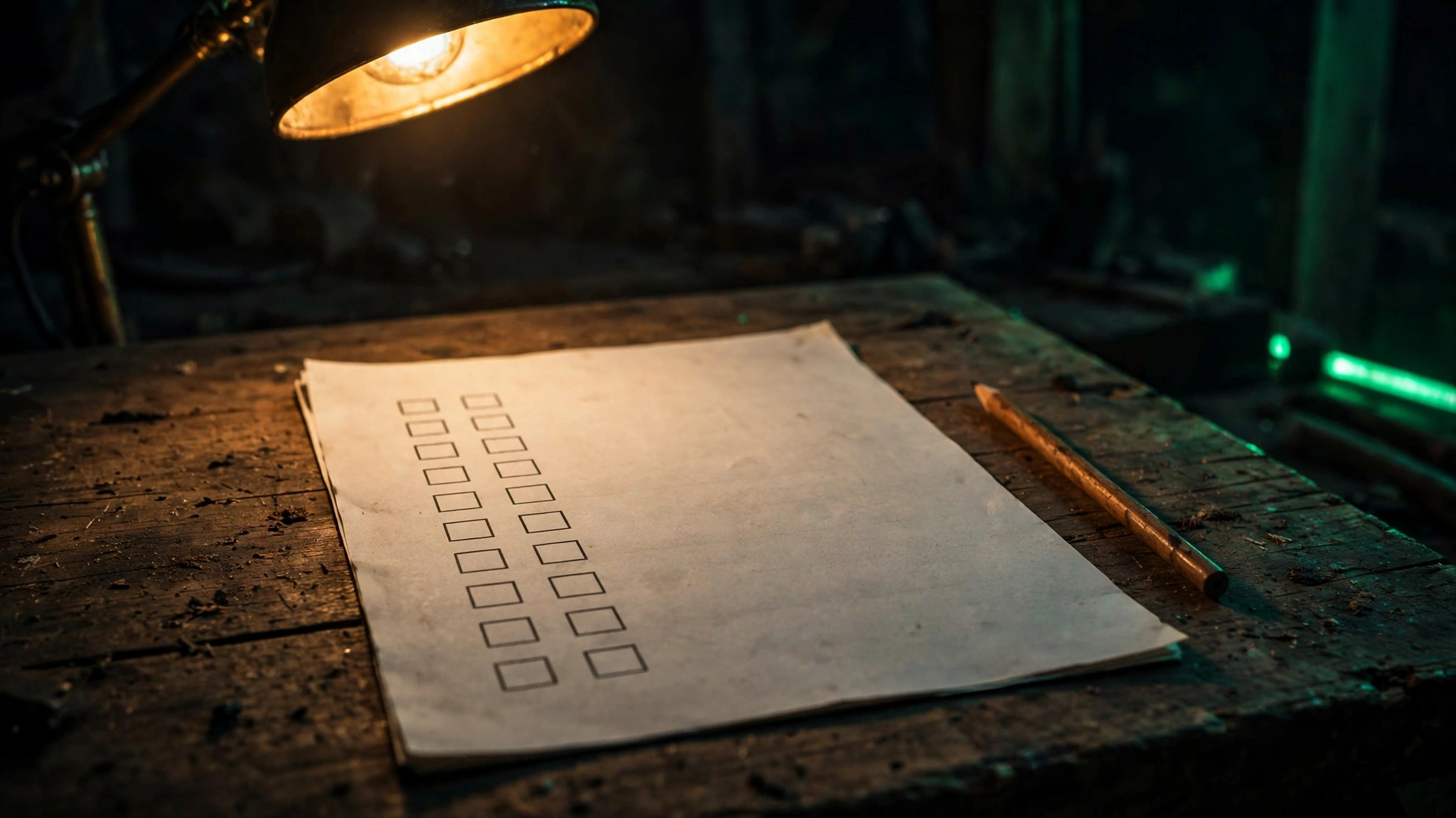 An open checklist with a pencil on a workbench at night